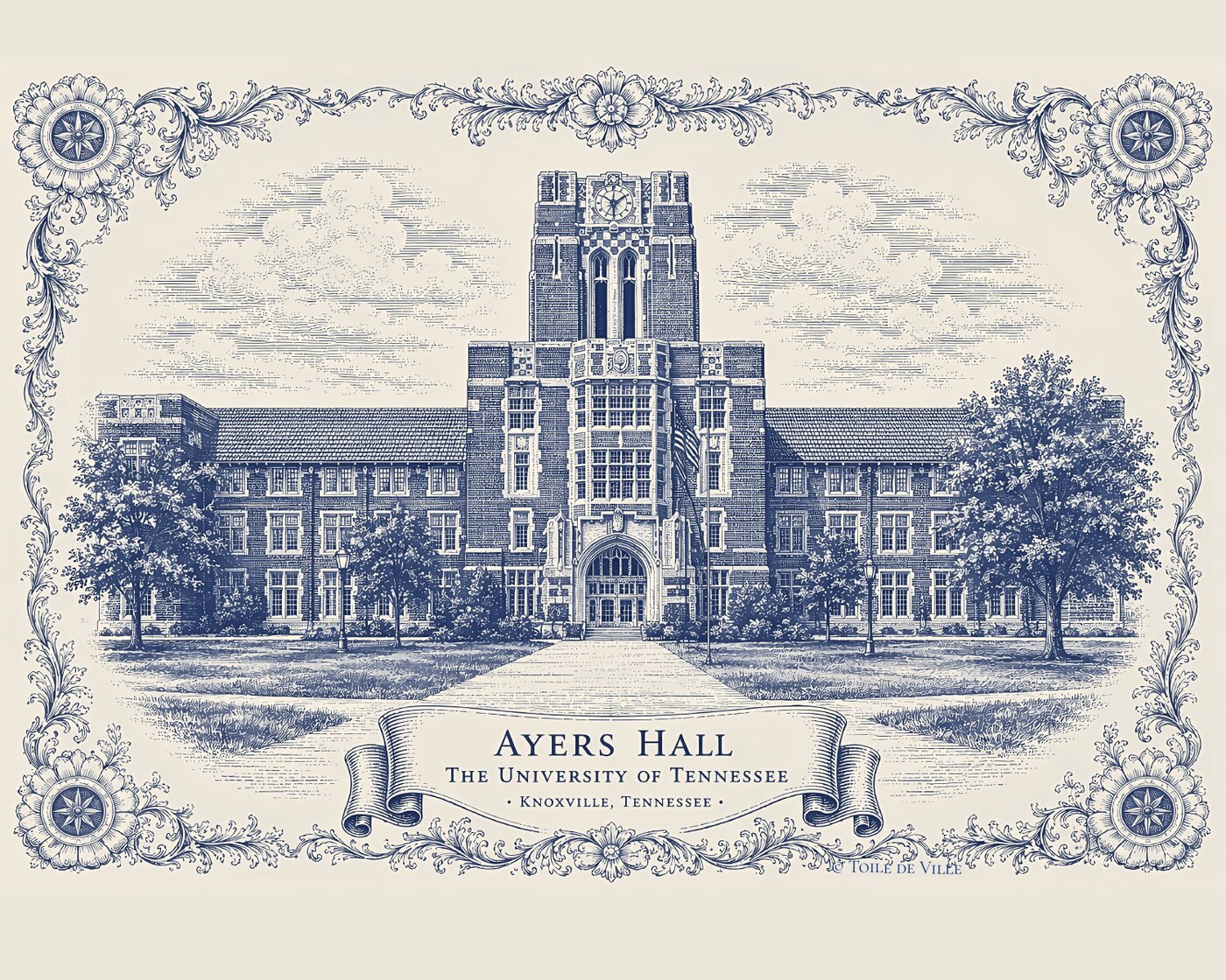 Custom illustrated university hall commission