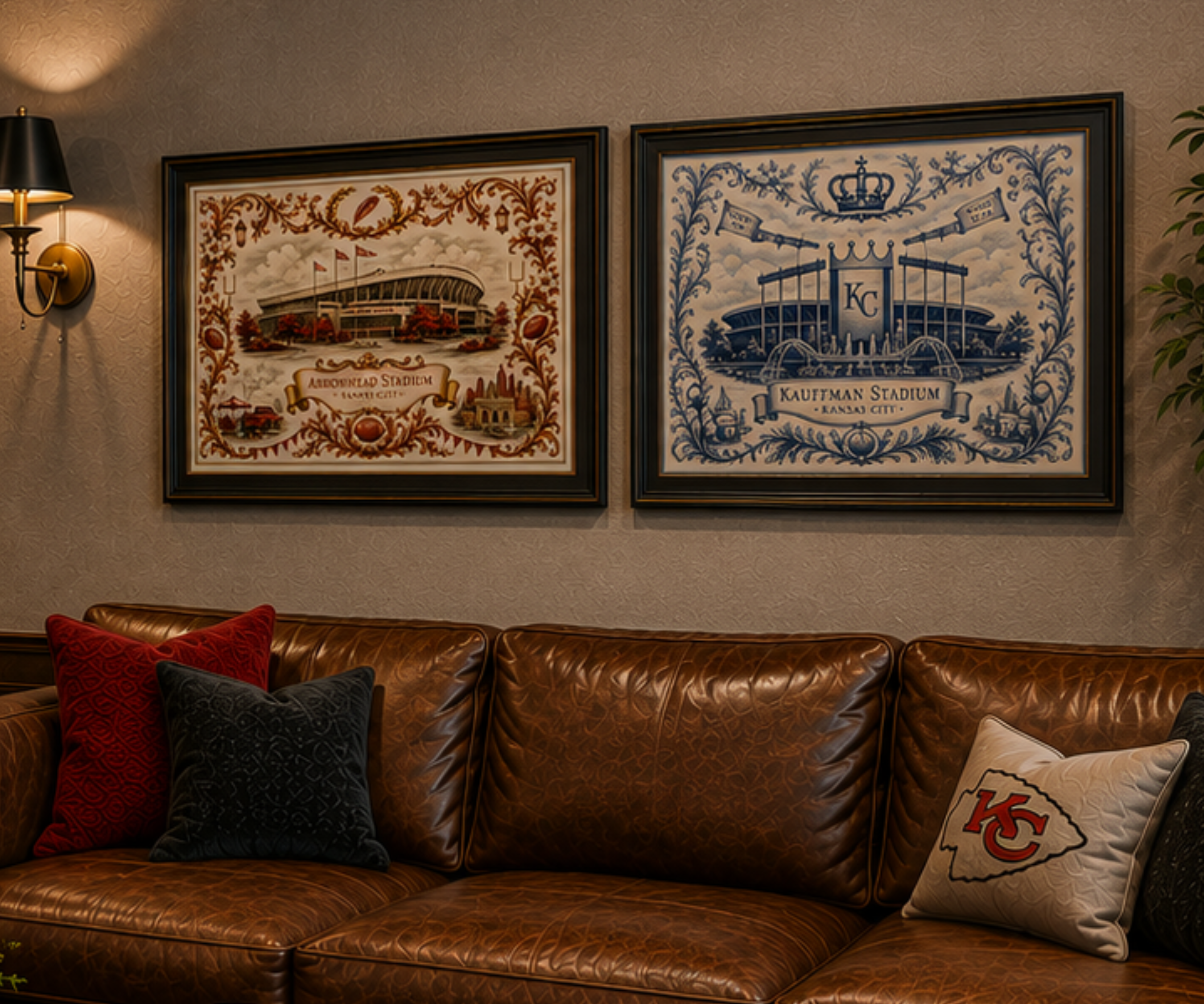 Arrowhead and Kauffman stadium toile prints styled in a man cave setting
